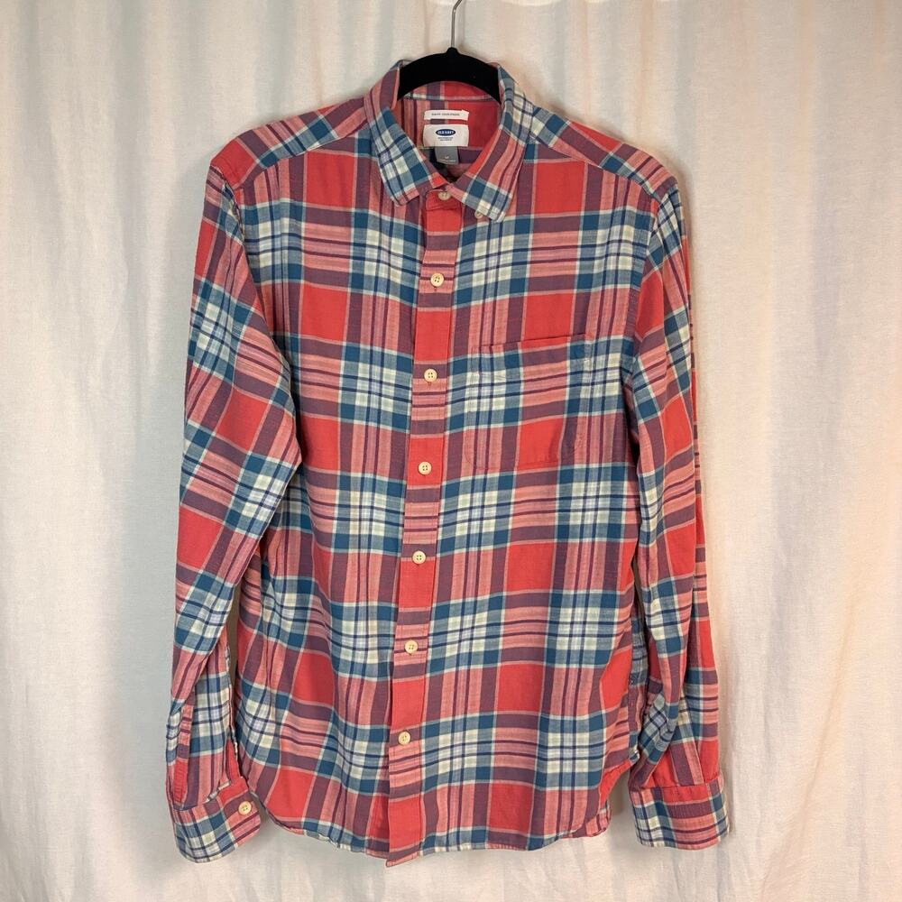 Old Navy Slim Fit Plaid Button Down Shirt Mens Medium Red Blue Cotton